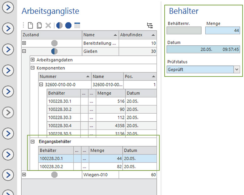 Verwaltung der Behälter zum Arbeitsgang des Auftrages
