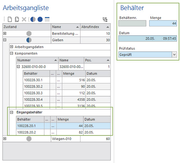 Verwaltung der Behälter zum Arbeitsgang des Auftrages Verwaltung der Behälter zum Arbeitsgang des Auftrages