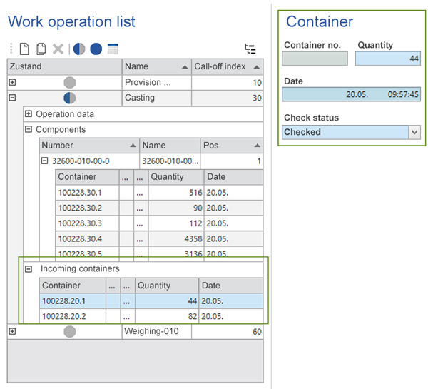 Management of the containers for the operation of an order